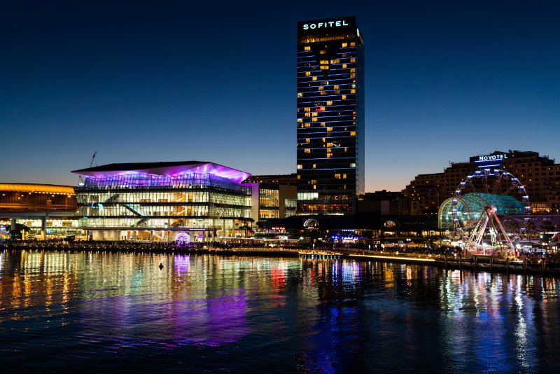 Night view of Darling Harbour with Sofitel hotel