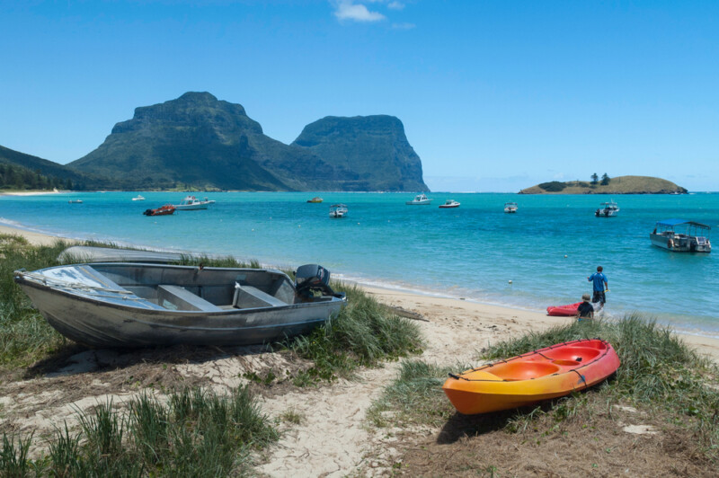 View across the lagoon to Mounts Gower and Lidgbird on Lord Howe Island, New South Wales, Australia