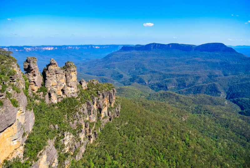 Spectacular view over famous Three Sisters landmark from Echo Point lookout in Blue Mountains National Park near Sydney, Australia