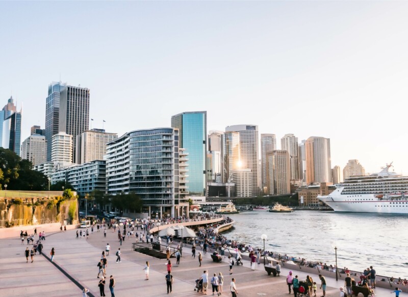 Tourists and locals walking at the Darling harbour in Sydney, Australia