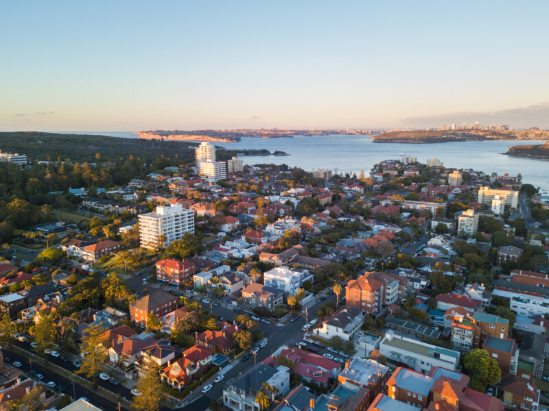 Aerial view of Manly suburb and sunset view in Sydney, Australia