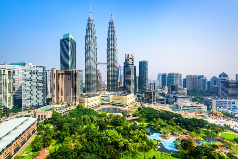 Petronas Towers and the panoramic view of Kuala Lumpur Cityscape in Malaysia