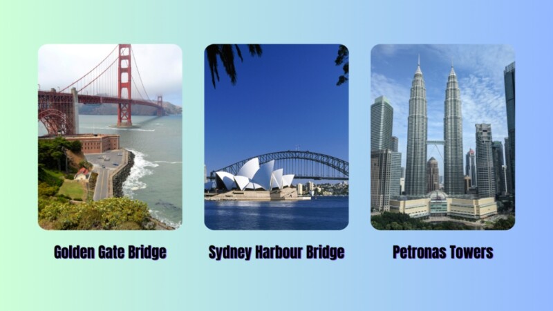 The Golden Gate Bridge, Sydney Harbour Bridge, and Petronas Towers