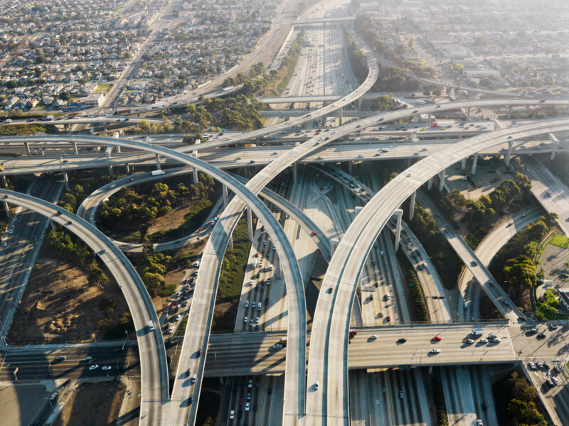 Aerial view of complex highway interchange in Los Angeles California