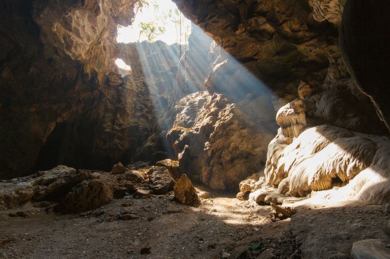 Sun beam in cave at Khao Luang, Phetchaburi Province, Thailand