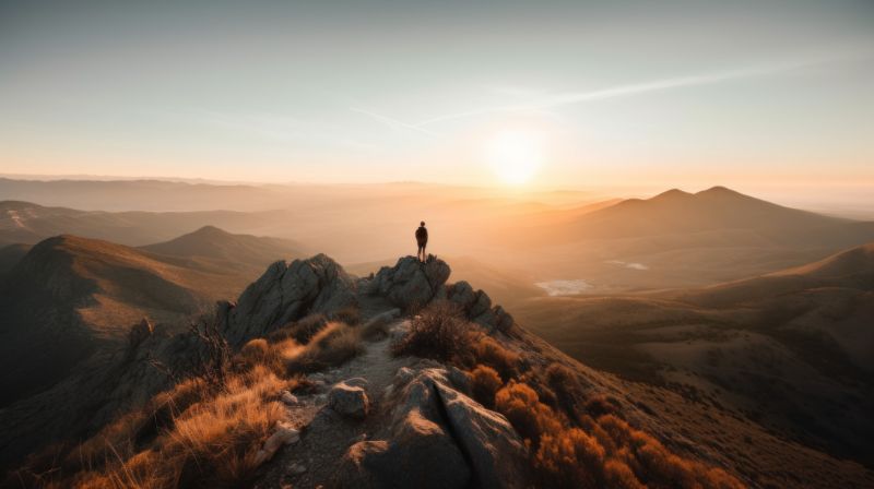 A person standing on top of a mountain at sunse