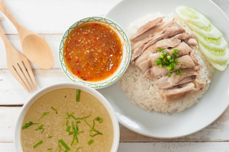 Chicken rice with sauce and soup