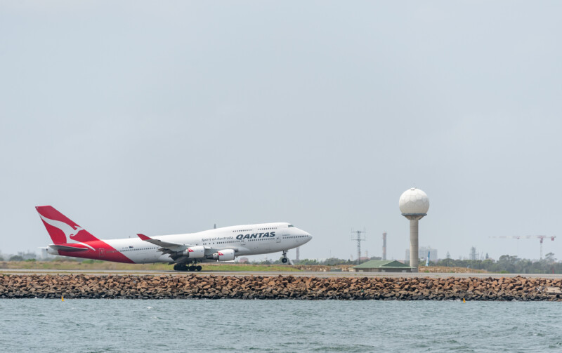 Boeing 747 Qantas take off in Sydney International Airport, Australia