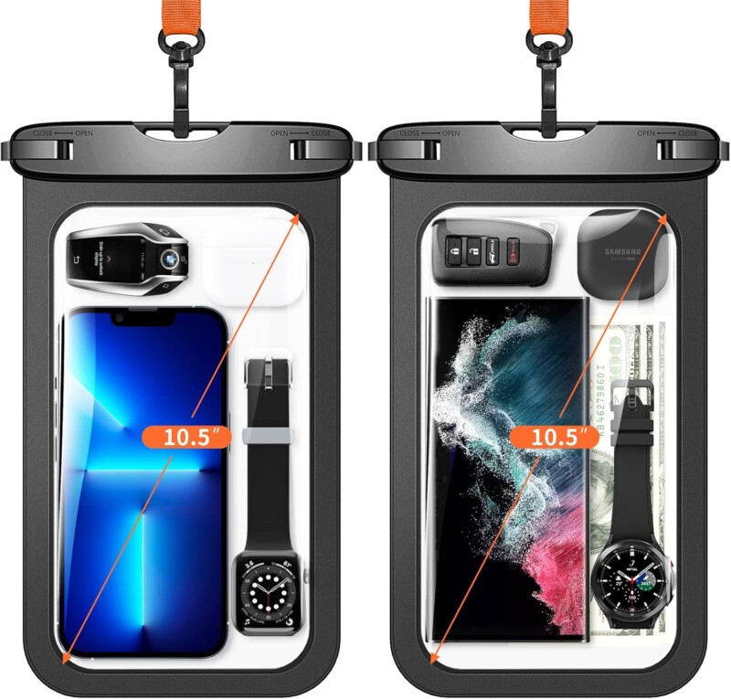 Lanhiem 10.5" Large Waterproof Phone Pouch, 2 Pack Universal IPX8 Waterproof Dry Bag with Lanyard for iPhone 16 15 14 Pro Max, Samsung Galaxy S24 S23 S22 Ultra, S23 FE, Pixel 9 8 Pro, Black+Black