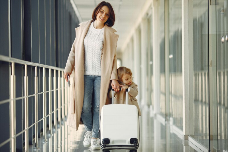 Mom and daughter with luggage bag traveling