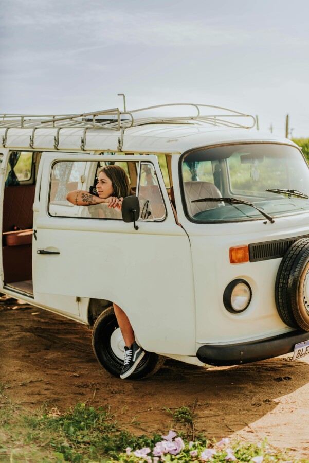 Woman inside a camper van