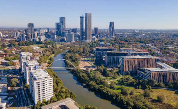 Aerial view of the Parramatta in Greater Western Sydney, NSW, Australia