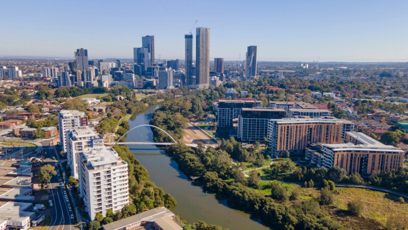 Aerial view of the Parramatta in Greater Western Sydney, NSW, Australia