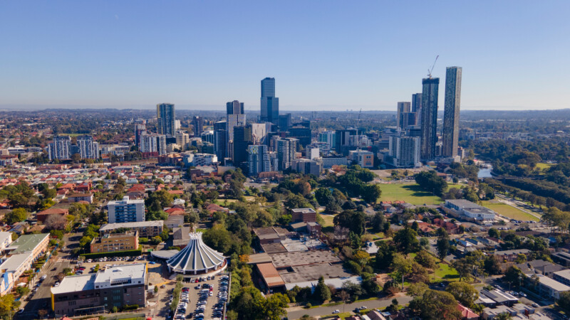 Aerial view of the Parramatta Suburb in Greater Western Sydney, NSW, Australia