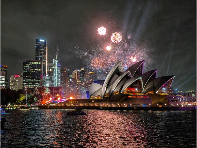 Fireworks on Sydney opera on a new year's celebration